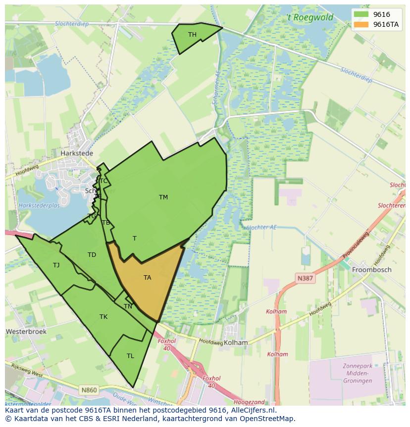 Afbeelding van het postcodegebied 9616 TA op de kaart.