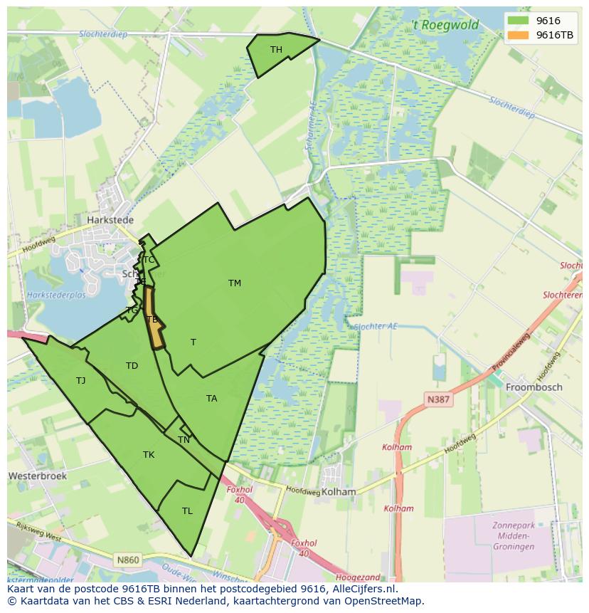 Afbeelding van het postcodegebied 9616 TB op de kaart.