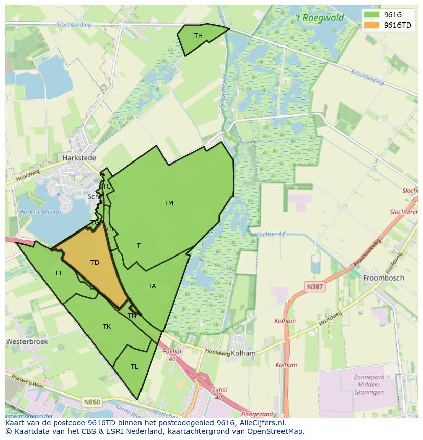 Afbeelding van het postcodegebied 9616 TD op de kaart.