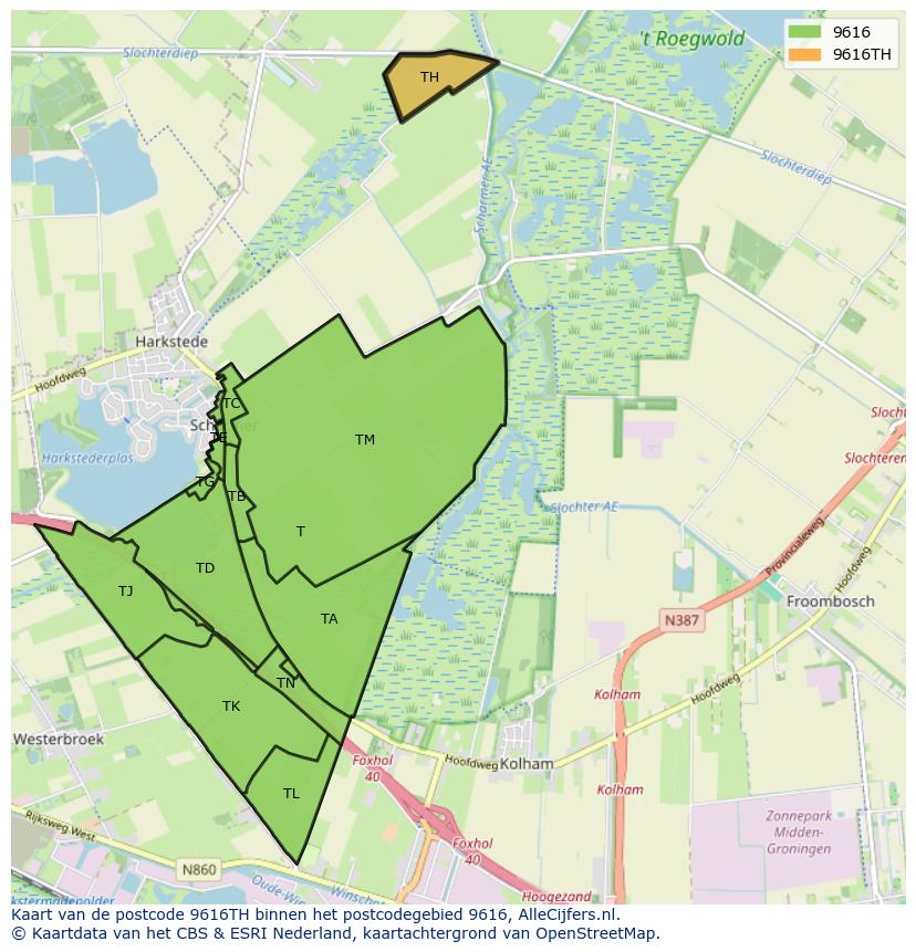Afbeelding van het postcodegebied 9616 TH op de kaart.