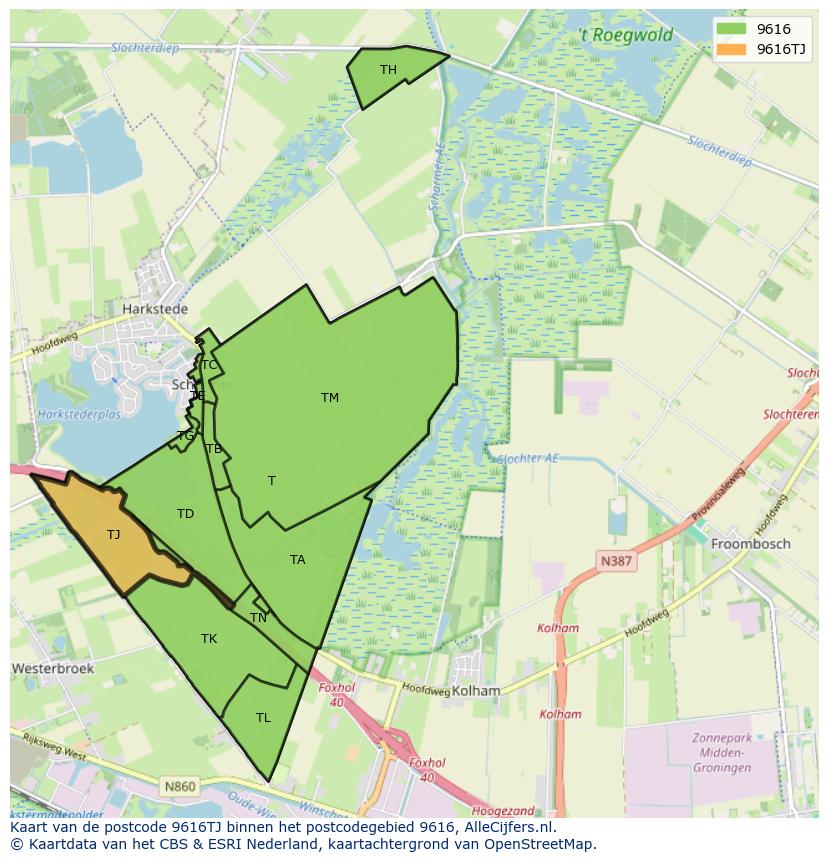 Afbeelding van het postcodegebied 9616 TJ op de kaart.