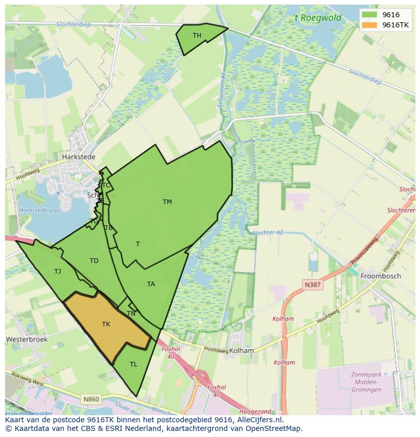 Afbeelding van het postcodegebied 9616 TK op de kaart.