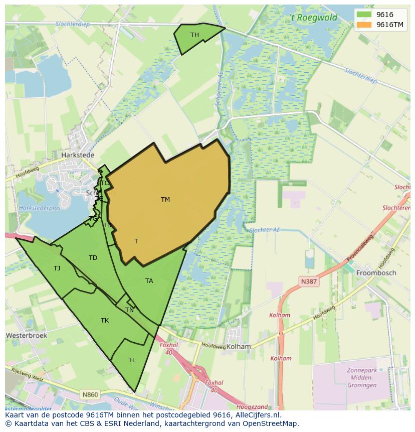 Afbeelding van het postcodegebied 9616 TM op de kaart.