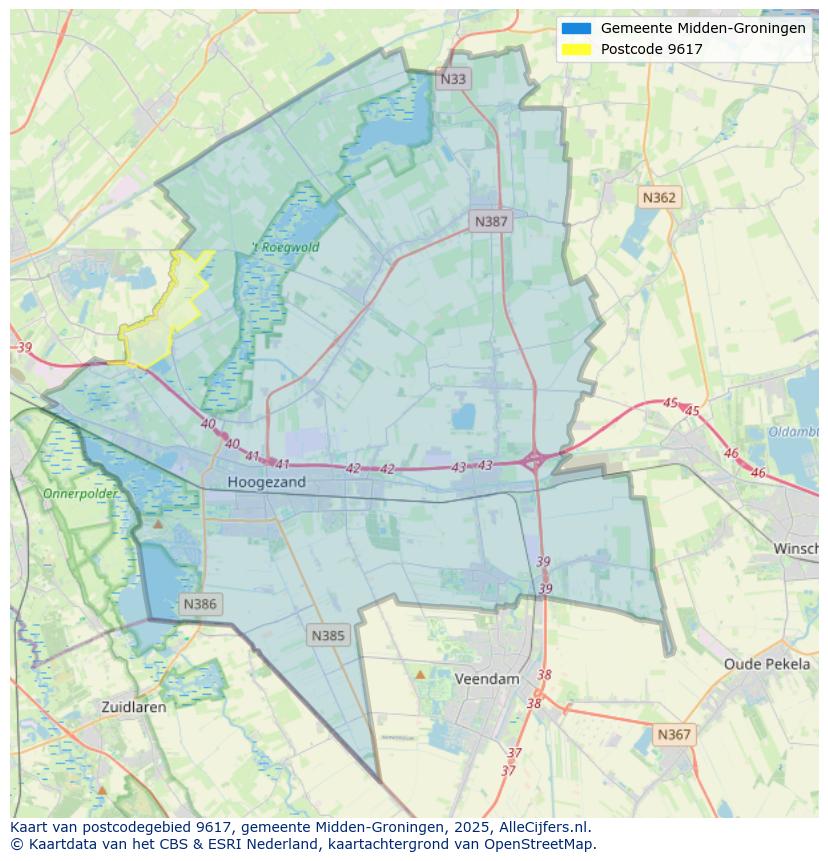 Afbeelding van het postcodegebied 9617 op de kaart.