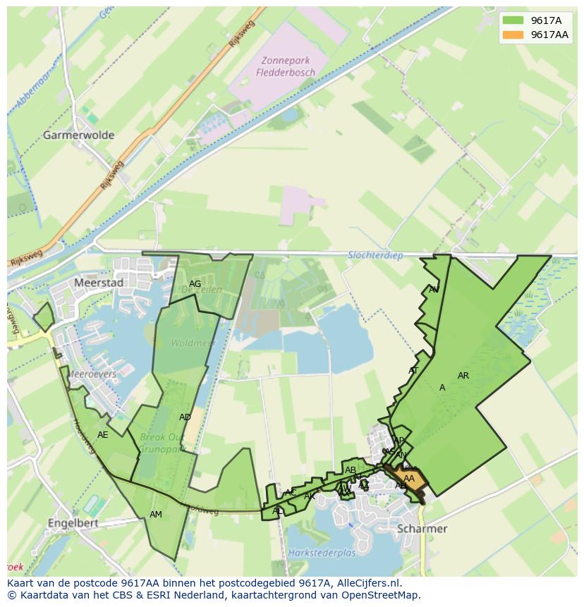 Afbeelding van het postcodegebied 9617 AA op de kaart.