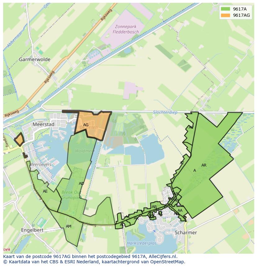 Afbeelding van het postcodegebied 9617 AG op de kaart.