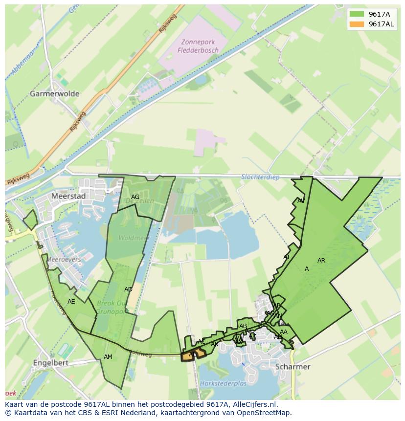 Afbeelding van het postcodegebied 9617 AL op de kaart.