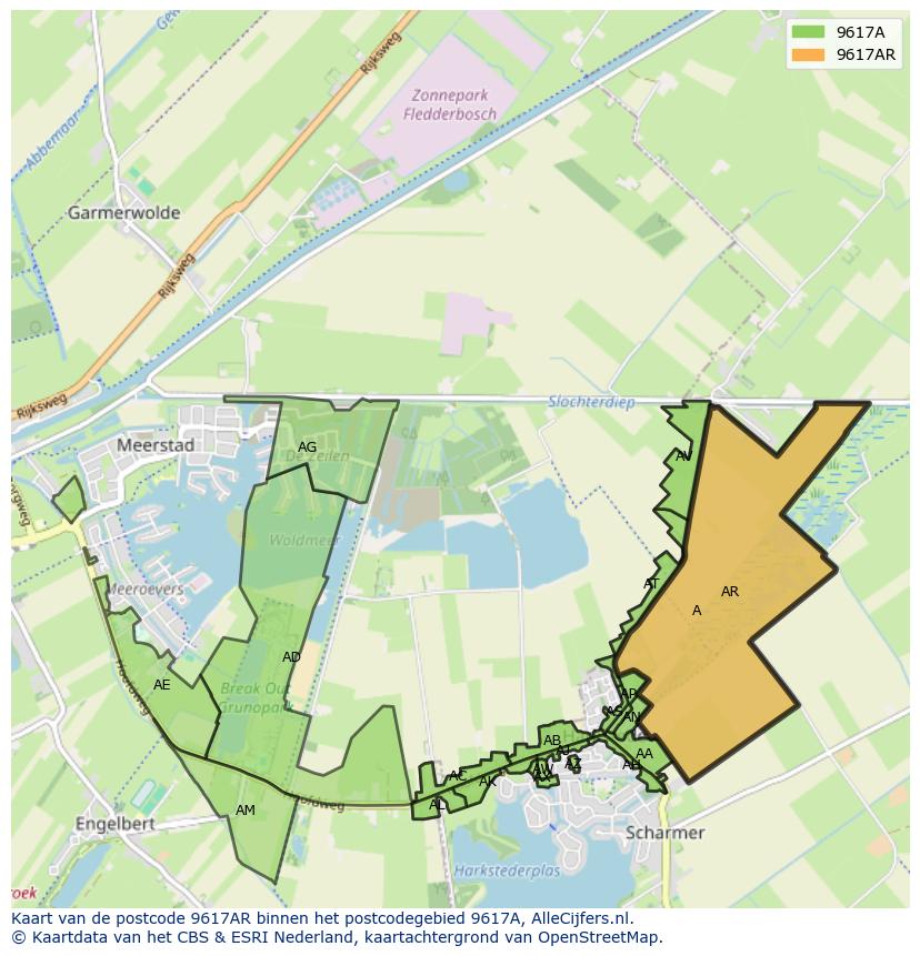 Afbeelding van het postcodegebied 9617 AR op de kaart.