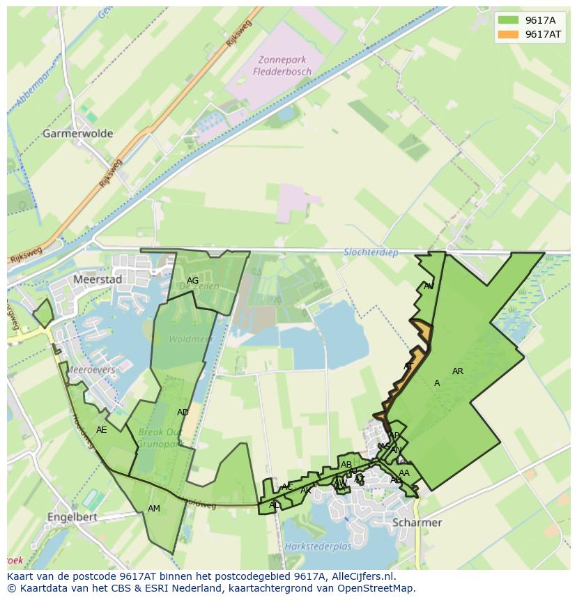 Afbeelding van het postcodegebied 9617 AT op de kaart.