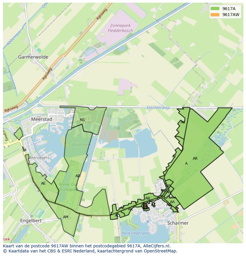 Afbeelding van het postcodegebied 9617 AW op de kaart.