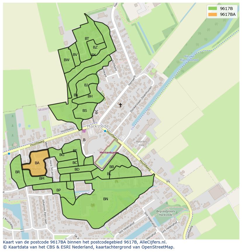 Afbeelding van het postcodegebied 9617 BA op de kaart.