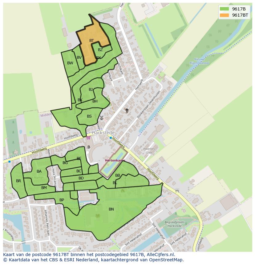 Afbeelding van het postcodegebied 9617 BT op de kaart.