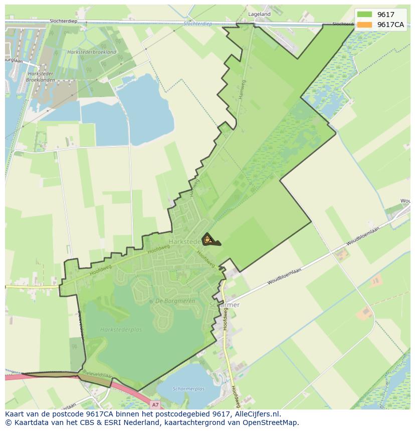 Afbeelding van het postcodegebied 9617 CA op de kaart.