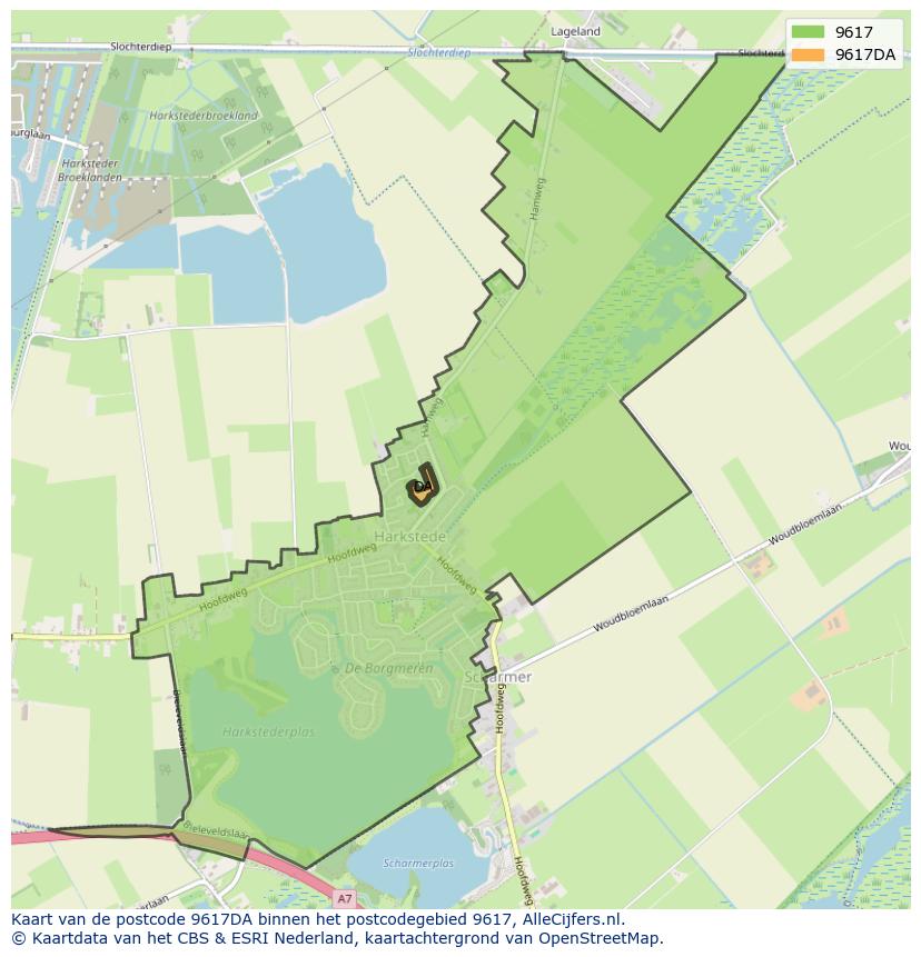 Afbeelding van het postcodegebied 9617 DA op de kaart.