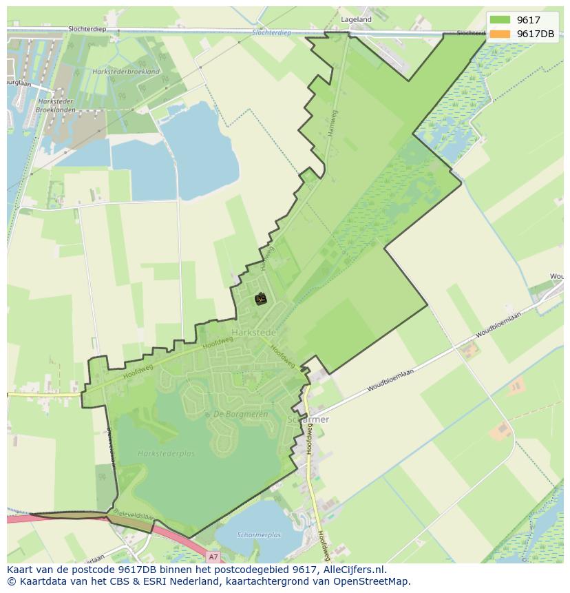 Afbeelding van het postcodegebied 9617 DB op de kaart.