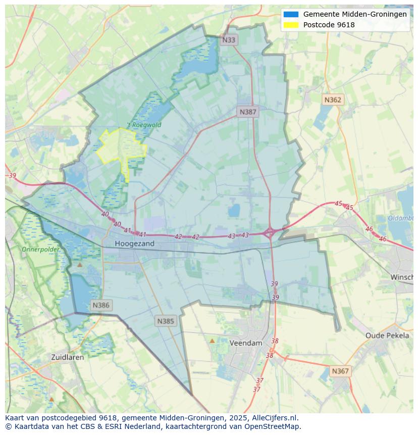 Afbeelding van het postcodegebied 9618 op de kaart.