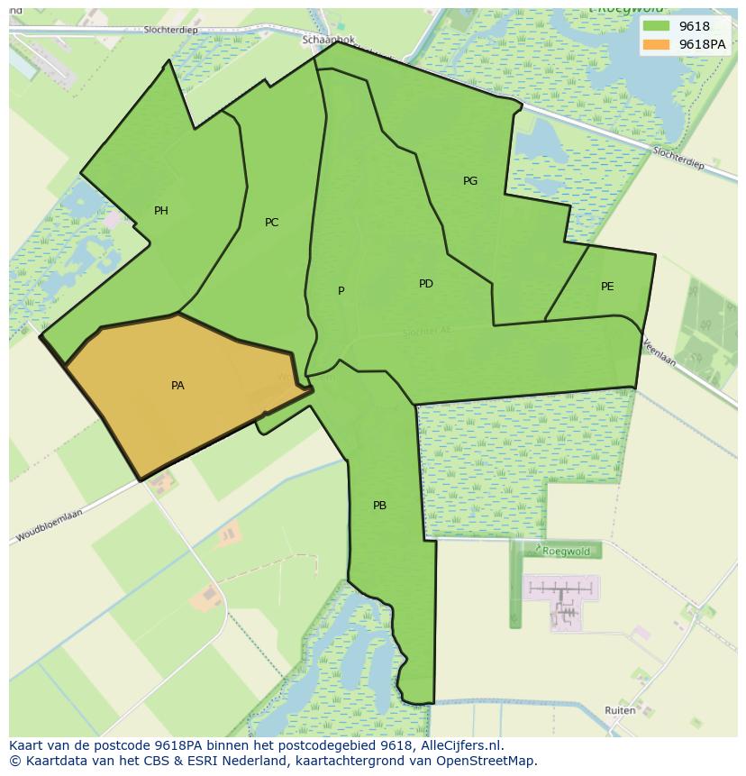 Afbeelding van het postcodegebied 9618 PA op de kaart.