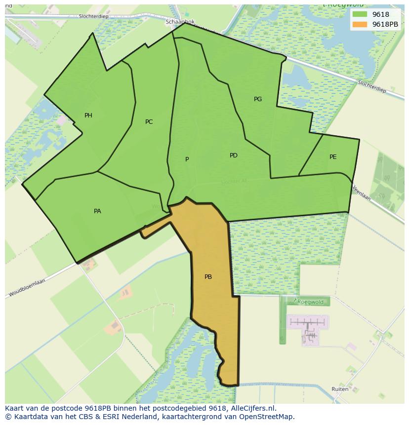 Afbeelding van het postcodegebied 9618 PB op de kaart.