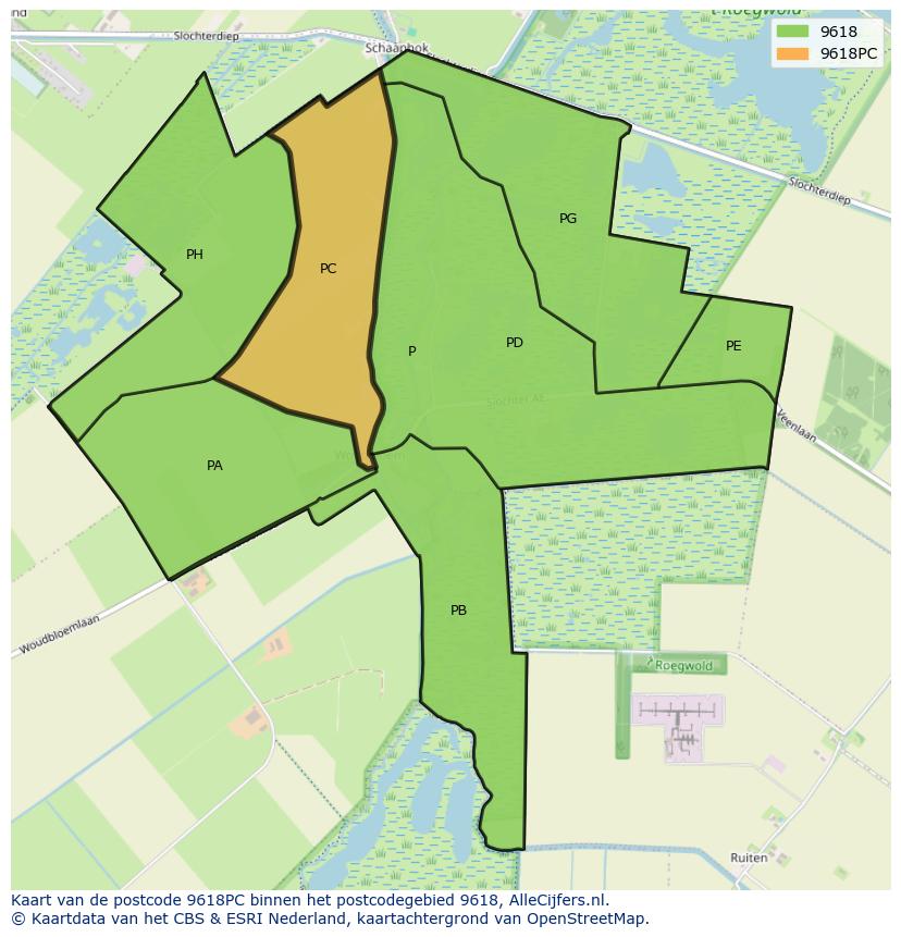 Afbeelding van het postcodegebied 9618 PC op de kaart.