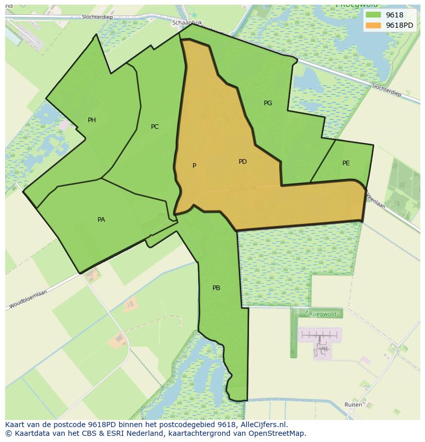 Afbeelding van het postcodegebied 9618 PD op de kaart.