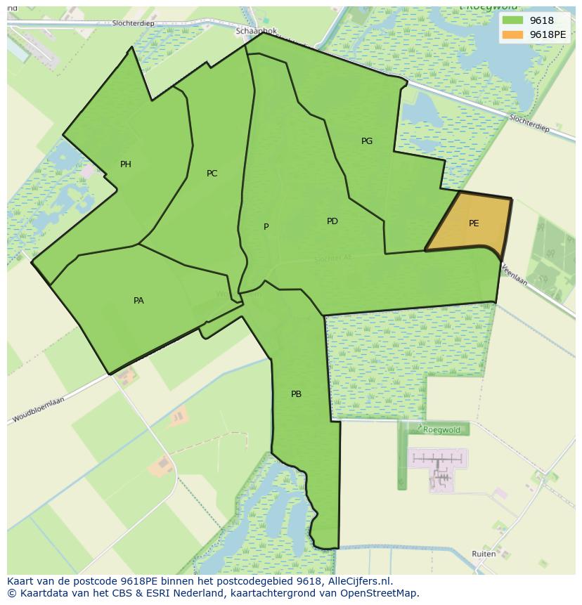 Afbeelding van het postcodegebied 9618 PE op de kaart.