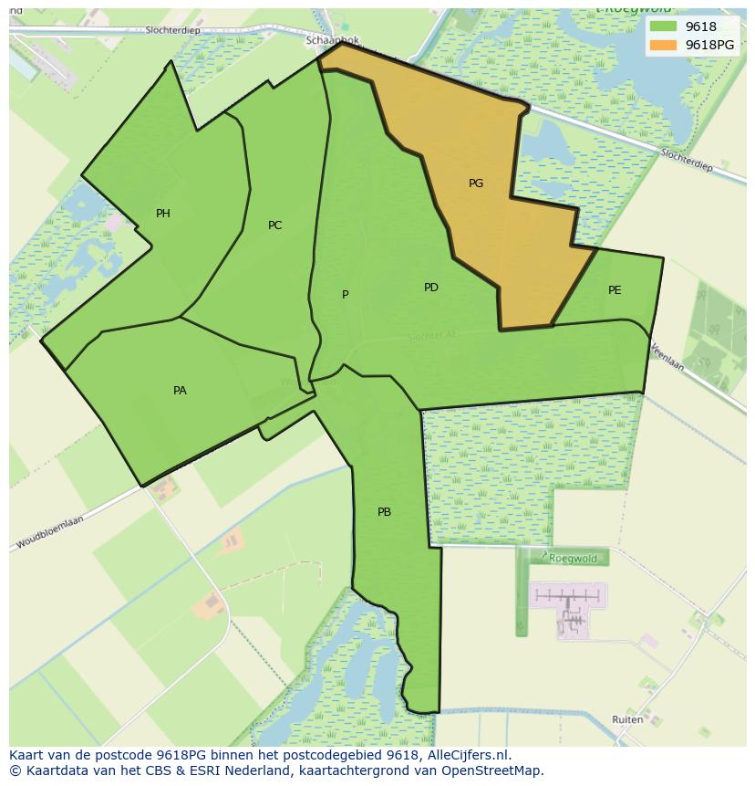 Afbeelding van het postcodegebied 9618 PG op de kaart.