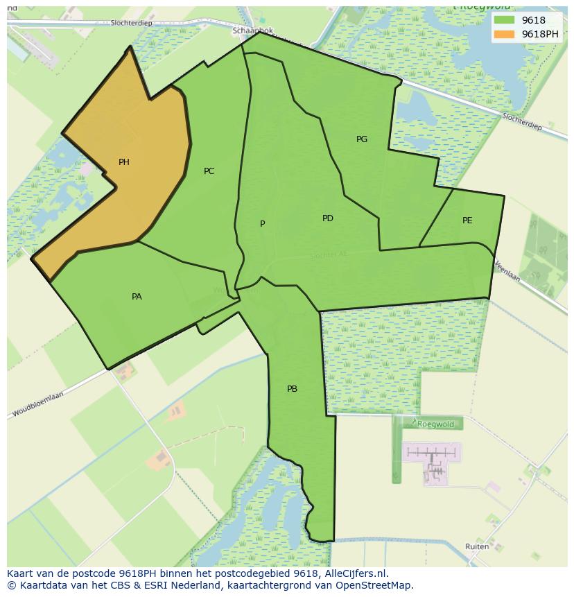 Afbeelding van het postcodegebied 9618 PH op de kaart.