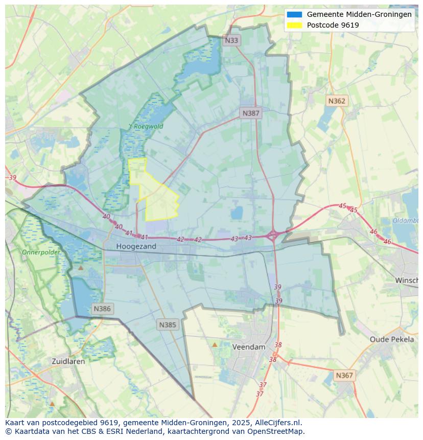 Afbeelding van het postcodegebied 9619 op de kaart.