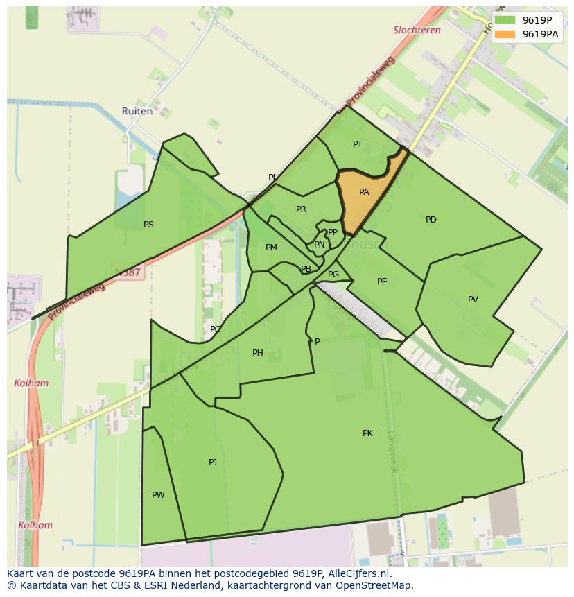 Afbeelding van het postcodegebied 9619 PA op de kaart.
