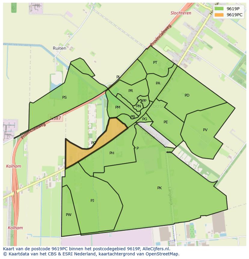 Afbeelding van het postcodegebied 9619 PC op de kaart.