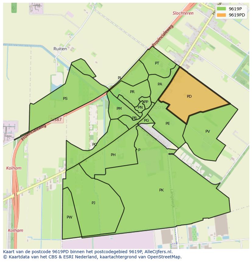 Afbeelding van het postcodegebied 9619 PD op de kaart.