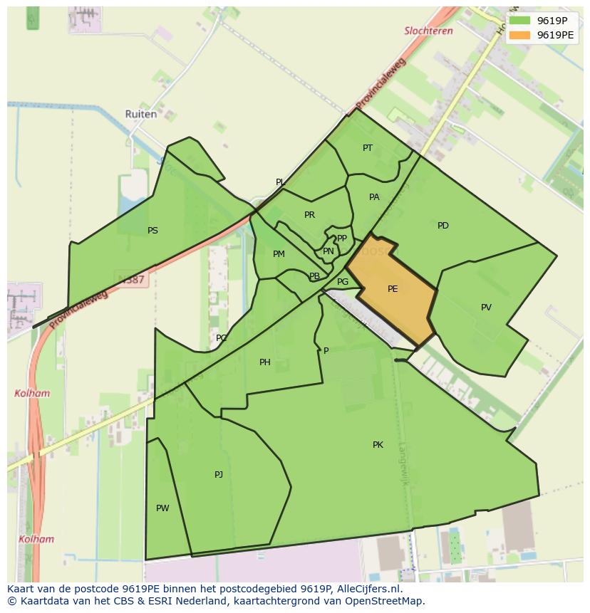 Afbeelding van het postcodegebied 9619 PE op de kaart.