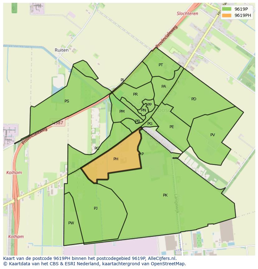 Afbeelding van het postcodegebied 9619 PH op de kaart.