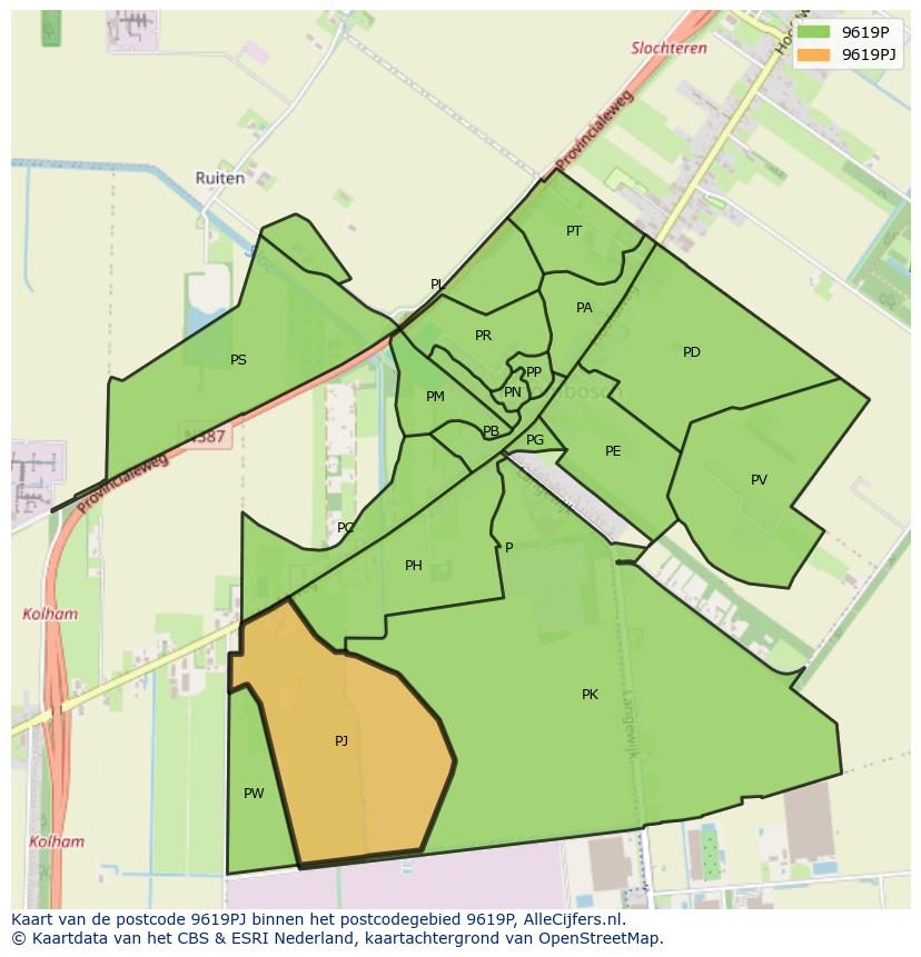 Afbeelding van het postcodegebied 9619 PJ op de kaart.
