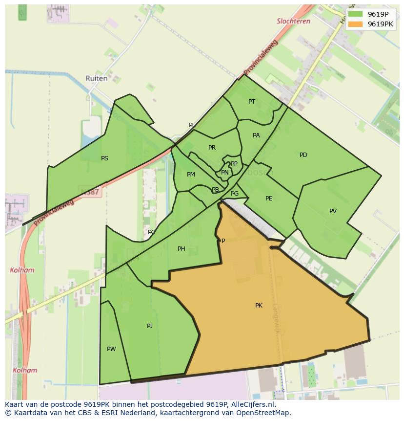 Afbeelding van het postcodegebied 9619 PK op de kaart.