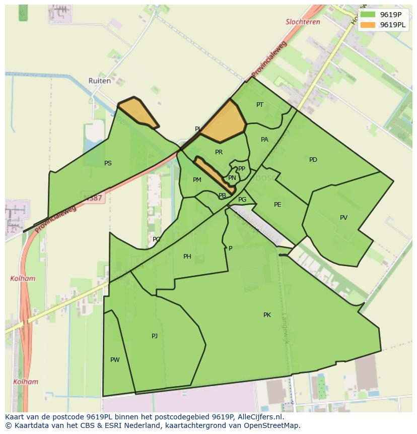 Afbeelding van het postcodegebied 9619 PL op de kaart.