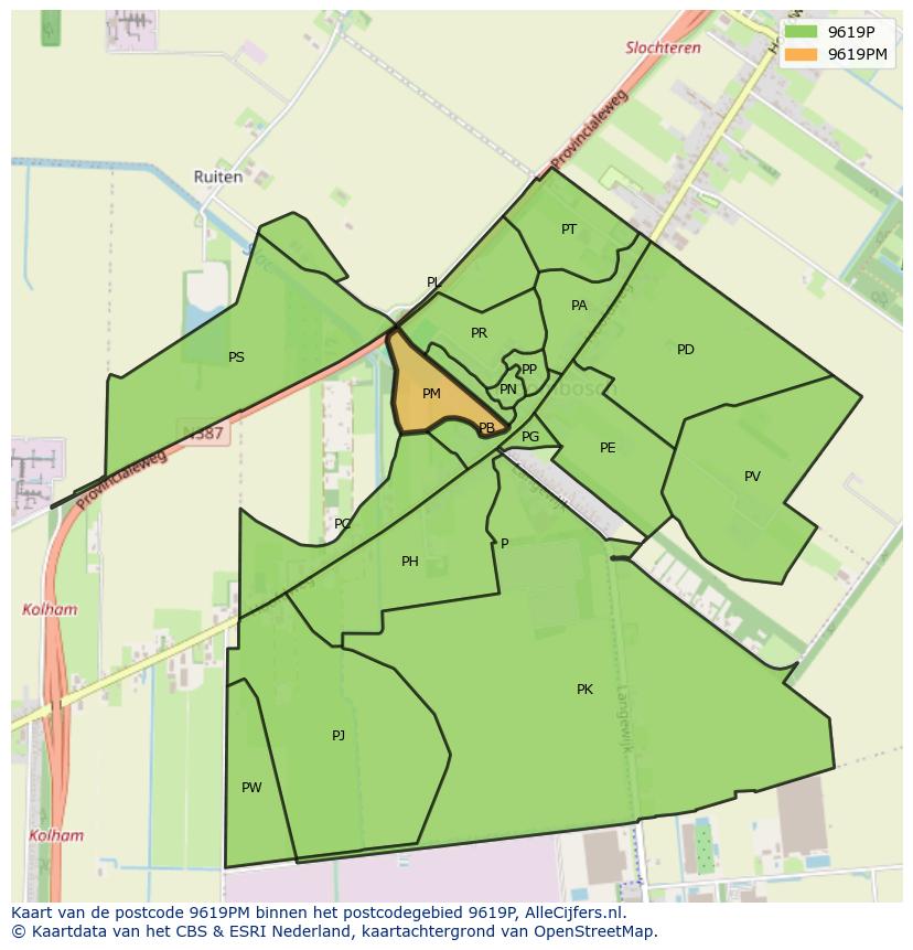 Afbeelding van het postcodegebied 9619 PM op de kaart.