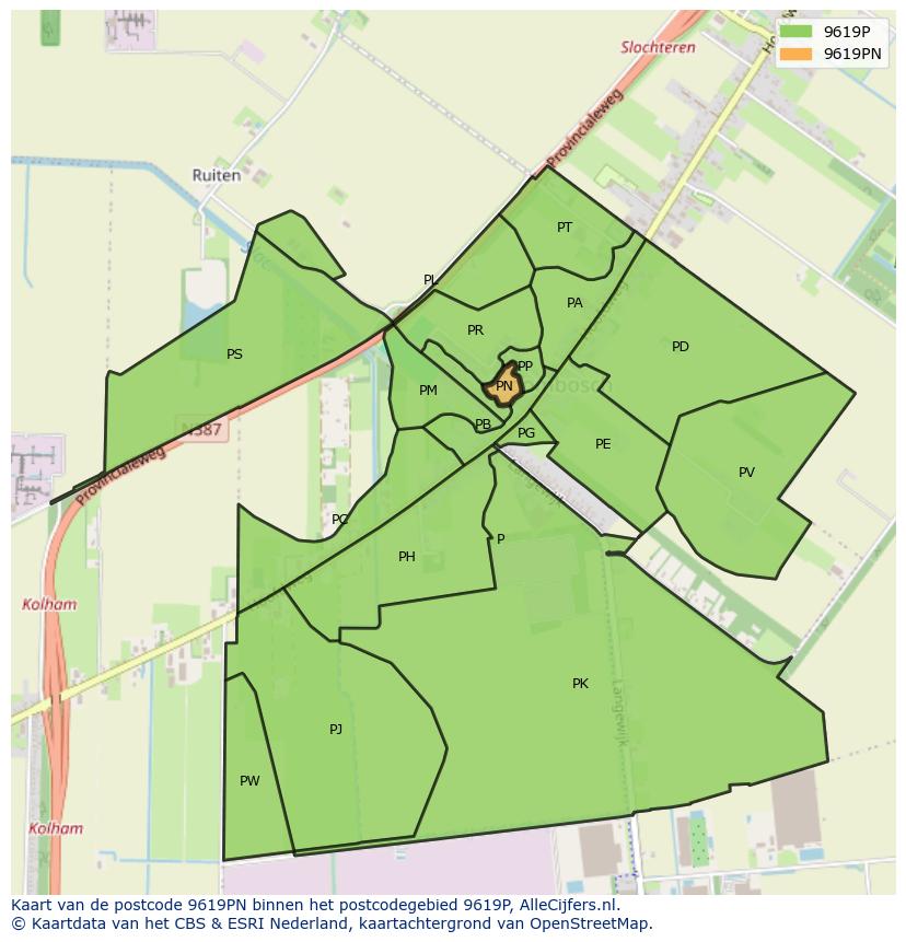 Afbeelding van het postcodegebied 9619 PN op de kaart.