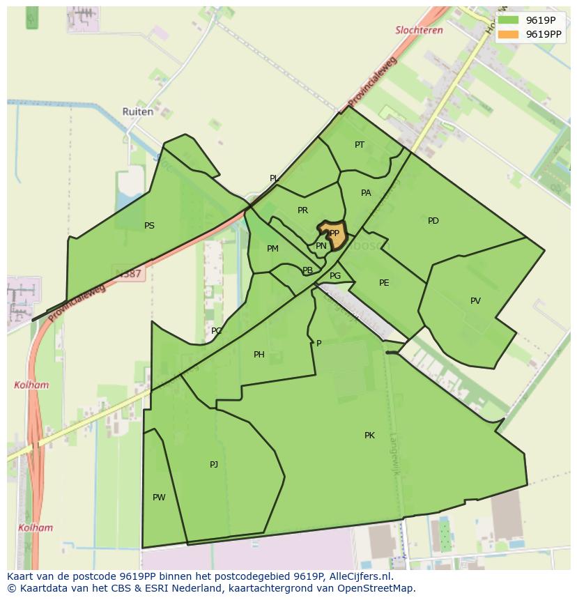 Afbeelding van het postcodegebied 9619 PP op de kaart.