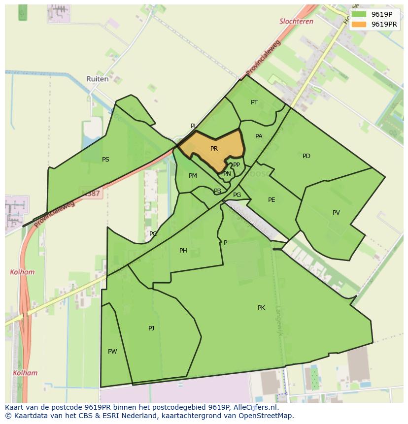 Afbeelding van het postcodegebied 9619 PR op de kaart.