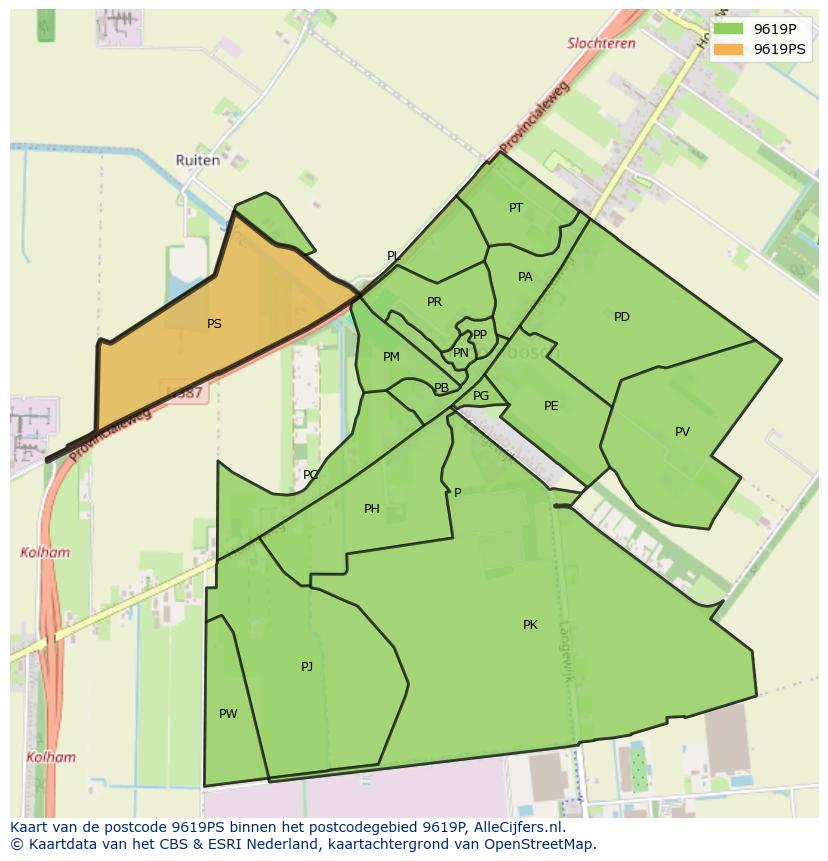 Afbeelding van het postcodegebied 9619 PS op de kaart.