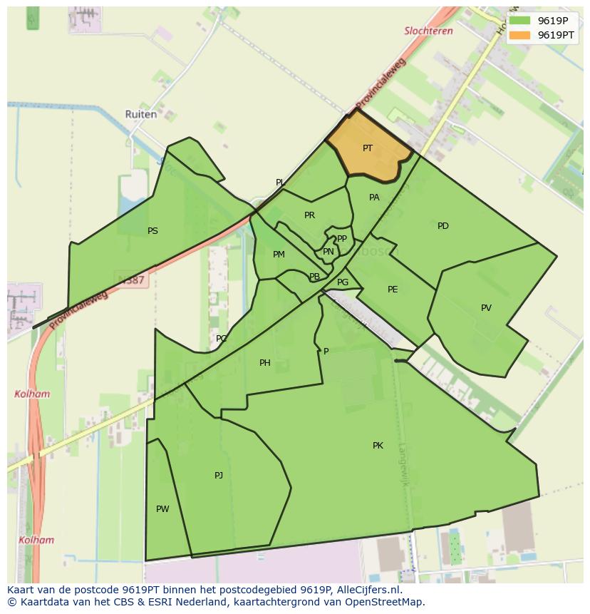 Afbeelding van het postcodegebied 9619 PT op de kaart.