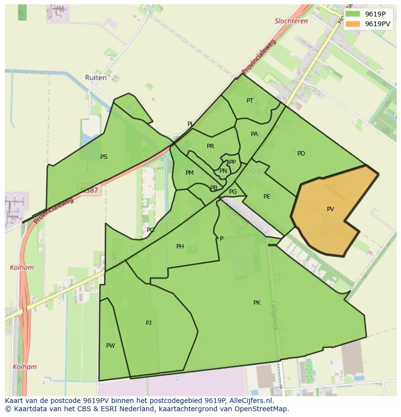 Afbeelding van het postcodegebied 9619 PV op de kaart.