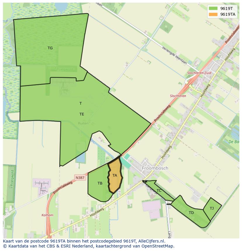 Afbeelding van het postcodegebied 9619 TA op de kaart.