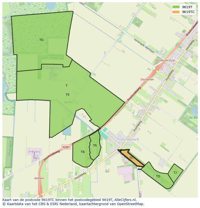 Afbeelding van het postcodegebied 9619 TC op de kaart.