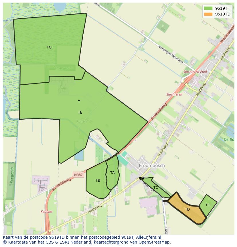 Afbeelding van het postcodegebied 9619 TD op de kaart.