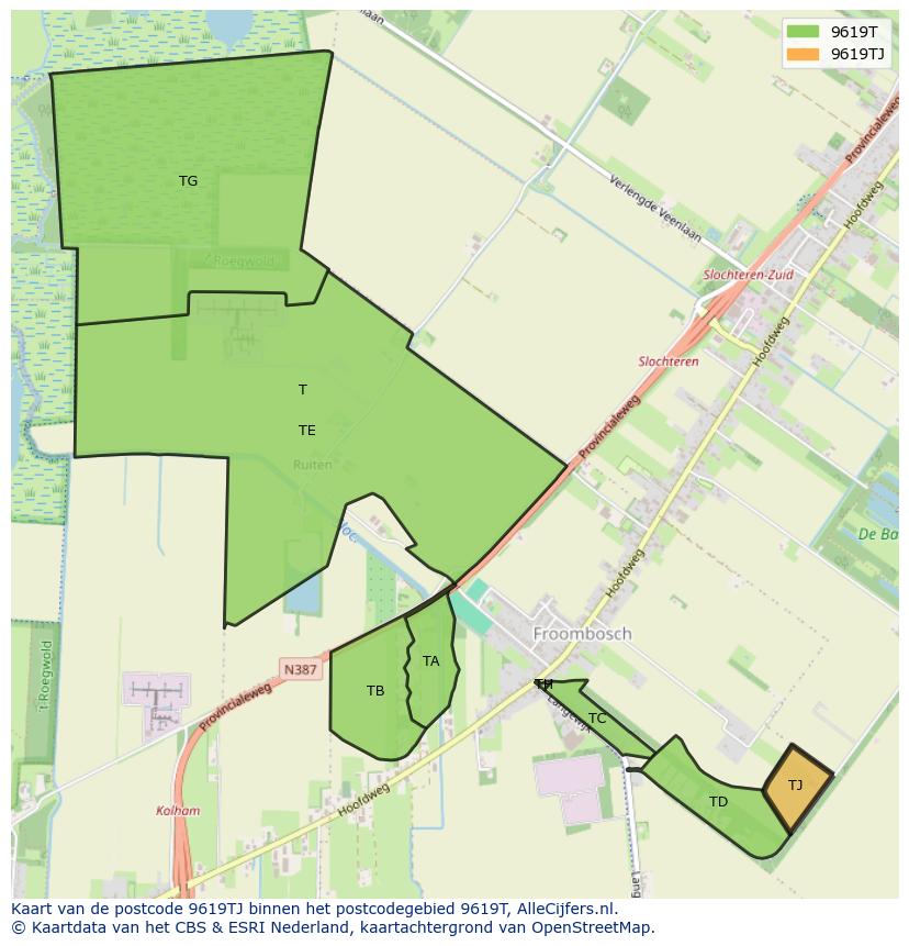 Afbeelding van het postcodegebied 9619 TJ op de kaart.