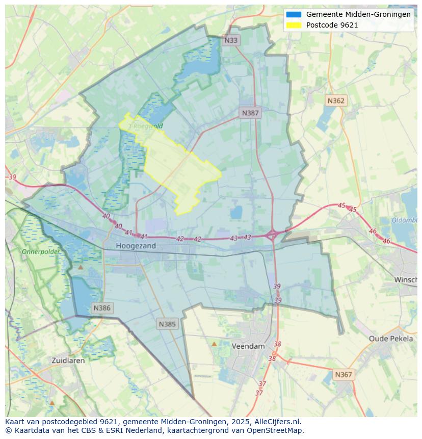 Afbeelding van het postcodegebied 9621 op de kaart.