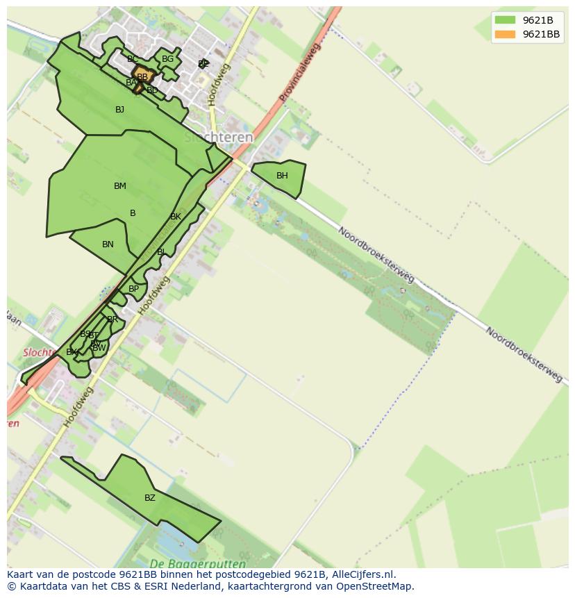 Afbeelding van het postcodegebied 9621 BB op de kaart.