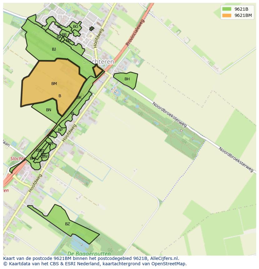 Afbeelding van het postcodegebied 9621 BM op de kaart.
